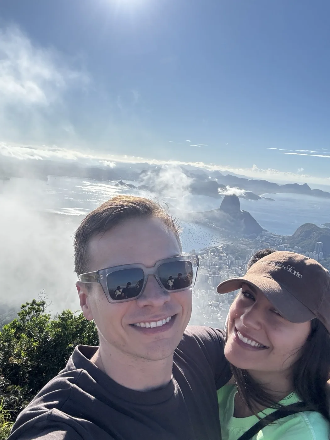 Selfie above the clouds with Sugarloaf and Guanabara Bay behind