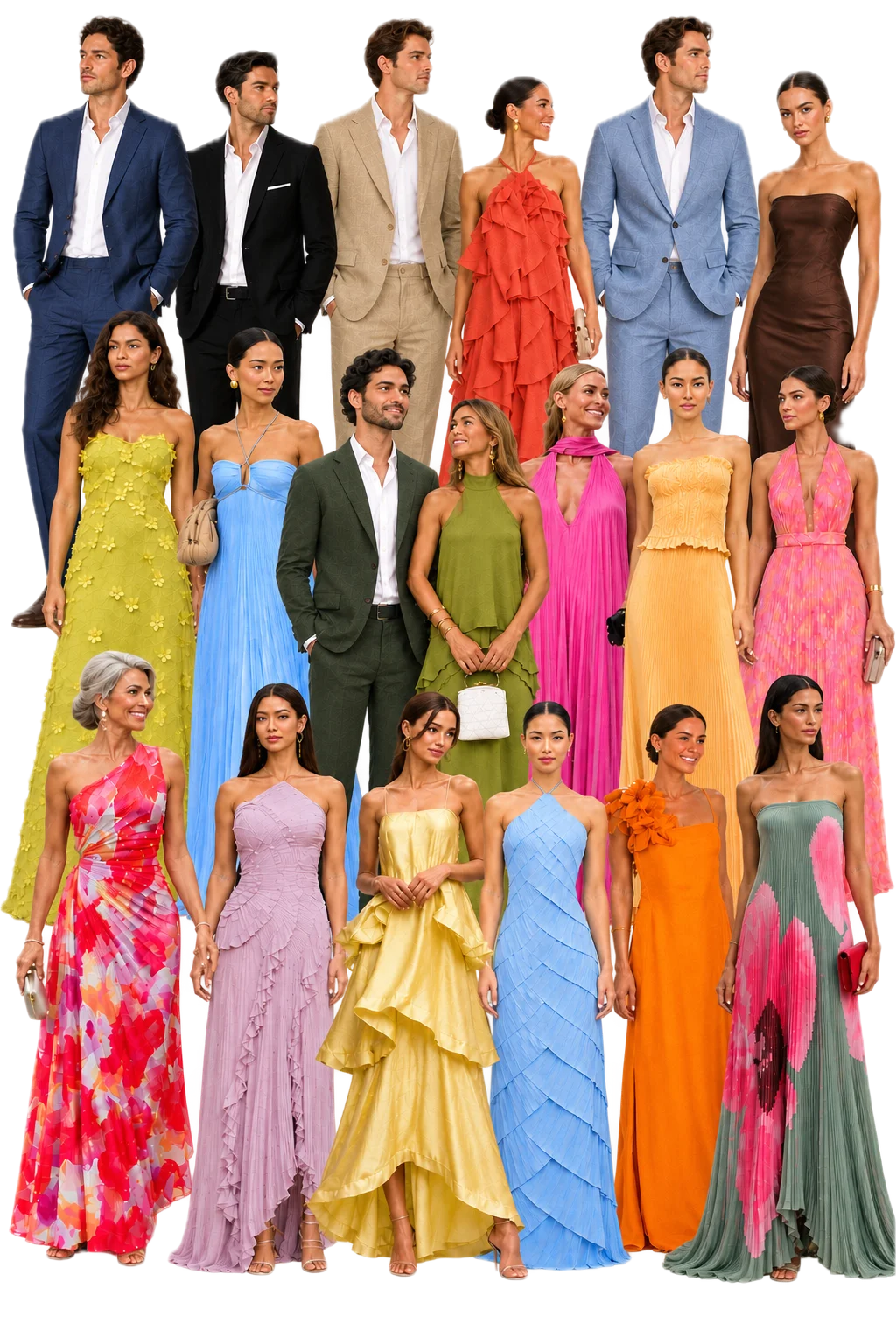 Outfit inspiration collage: guests in lightweight suits and colourful midi and maxi dresses